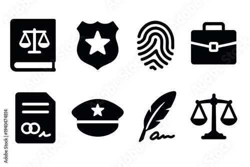Law and order icons: justice, police, and legal symbols in bold silhouette style