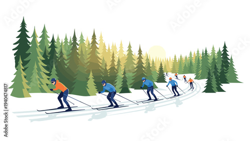 Winter adventure: group skiing through snowy forest paths at sunrise