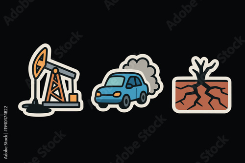 Environmental impact icons: oil drill, car emissions, deforestation