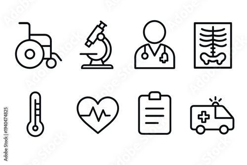 Healthcare icons set in linear design featuring medical tools and symbols
