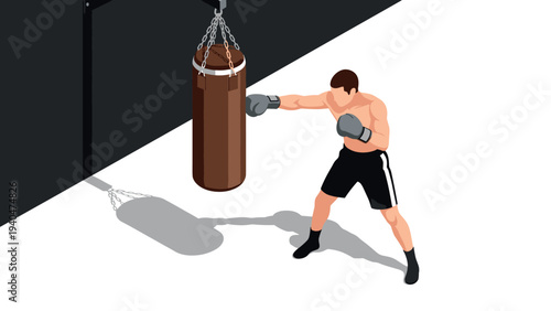 Isometric boxing training: athlete punching heavy bag in gym