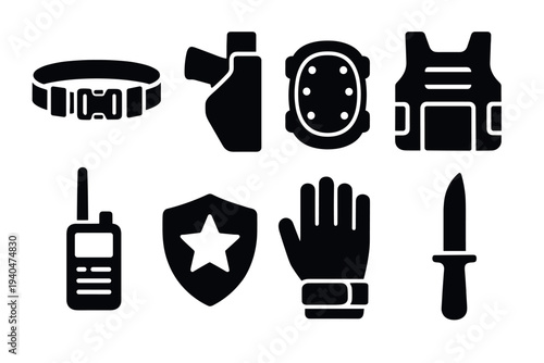 Tactical gear silhouettes: essential equipment icons for security and safety