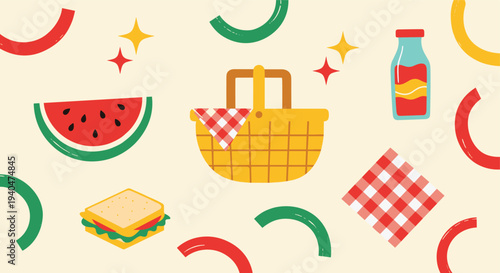 Whimsical Picnic Basket with Watermelon Sandwich and Juice Bottle on a Creamy Background with Colorful Abstract Shapes