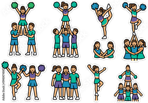 Cheerleading team poses in playful cartoon style stickers with diverse actions