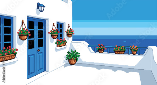 Charming coastal balcony with blue door in pixel art style