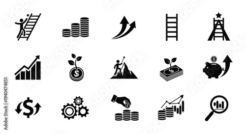 Black and white business finance icons set with growth profit investment and success symbols on plain background