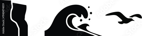 Coastal Nature Silhouette Set: Steep Ocean Cliff, Breaking Wave, and Soaring Seagull Icons