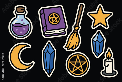 Cute magical witchcraft elements with symbols and tools on dark background