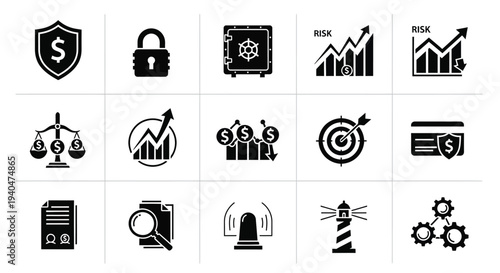 Business finance and investment icons set including security risk and profit symbols on white background