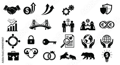 Business finance icons set including handshake money shield graph key lock globe and more on white background