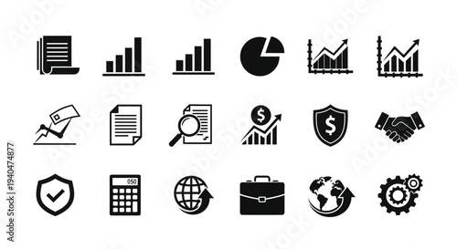 Business finance icons set including graphs documents money and security symbols on white background