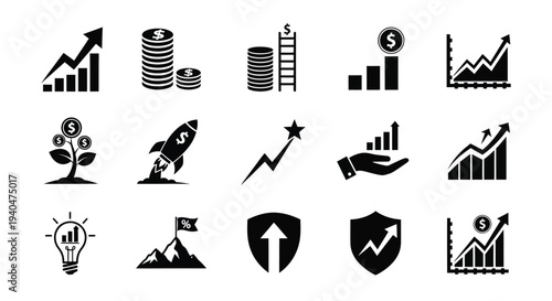 Collection of black business and finance icons on white background including growth charts money and strategy symbols
