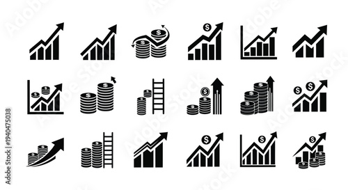 Business growth icons set with graphs charts coins and arrows on white background for finance and statistics