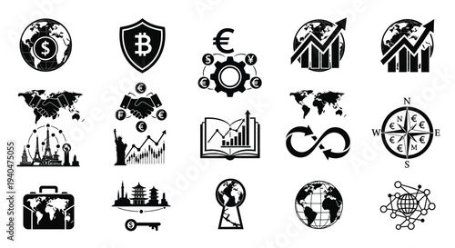Business finance icons set including security shield graph book globe and currency symbols on white background