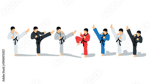 Karate practitioners in motion: diverse group in uniforms performing high kicks