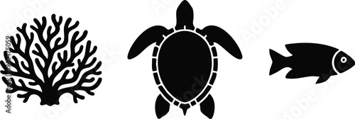 Underwater Reef Silhouette Set: Branching Coral, Sea Turtle, and Tropical Fish Icons