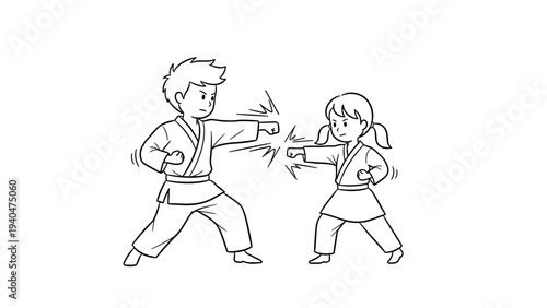 Martial arts training: kids practicing karate in line art style
