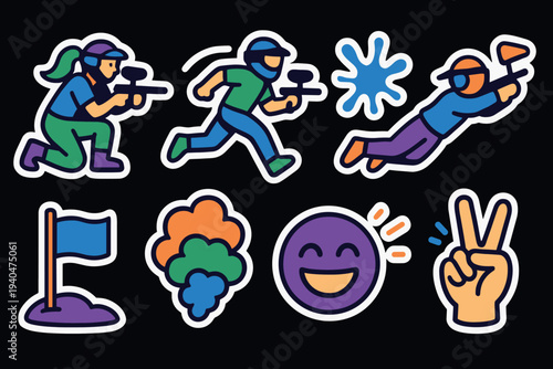 Colorful paintball stickers set featuring players and symbols on black background