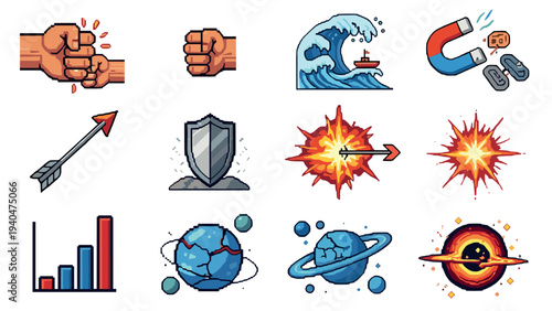 Retro pixel art icons of nature, technology, and cosmic elements