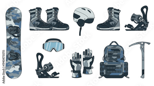 Essential winter sports gear collection in camouflage design