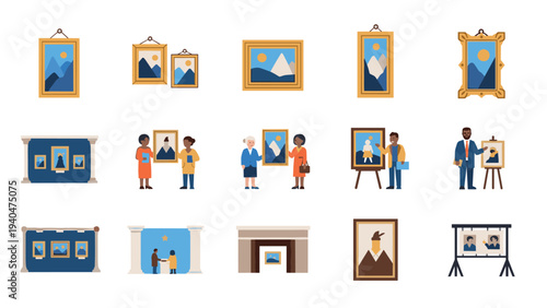 Diverse art appreciation in gallery with framed paintings and photographs