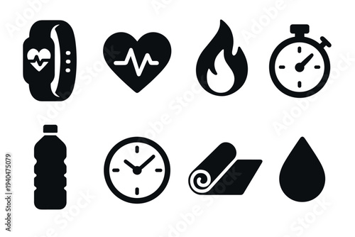 Essential fitness icons: heartbeat, stopwatch, exercise mat, hydration, flame