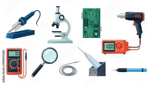 Collection of electronic and laboratory tools in flat design