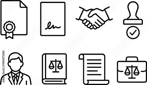 Legal icons set: contract, lawyer, document, stamp, handshake in outline style