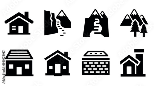 Silhouette icons of houses and mountains