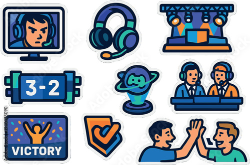 Esports gaming icons: headset, victory, streaming, competition theme in modern style
