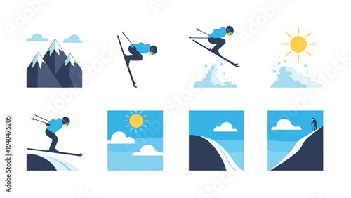 Flat style skiing adventure with mountains, sun, and skier icons