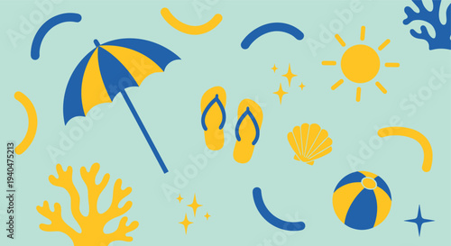 Vibrant Summer Beach Vacation Elements Collection Featuring Beach Umbrella Flip Flops Sun and Seashell on Light Blue Background