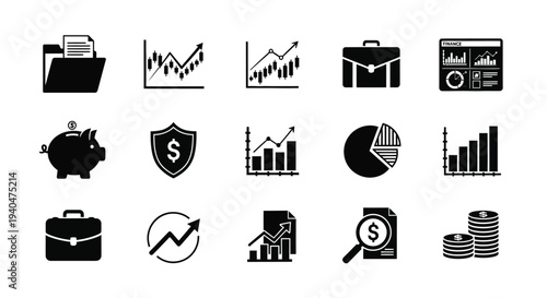 Collection of business and finance icons including graphs charts briefcases and money symbols on white background