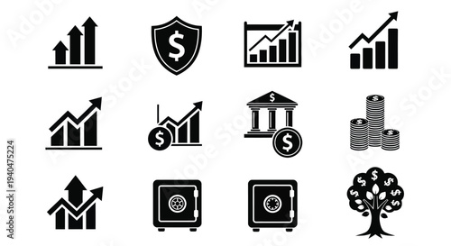 Financial icons including growth charts money symbols bank and safety deposit box illustrations on white background