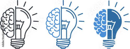 A collection of three innovative vector graphic illustrations depicting the conceptual fusion between human intellect and illuminated ideas symbolized by glowing light bulbs.