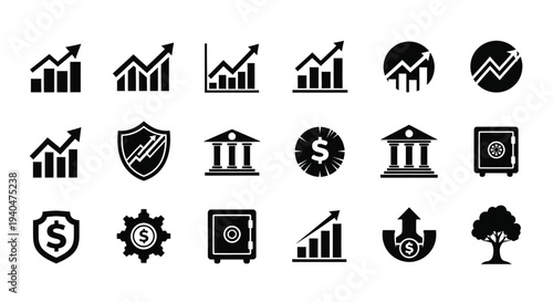 Black icons of finance growth and security on white background including money charts and protection symbols