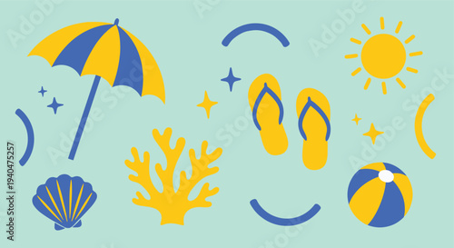 Summer vacation beach elements collection with sun umbrella flip flops ball seashell coral and sun on blue background