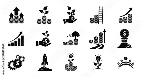 Black icons of business growth finance and success on white background representing economic development and investment