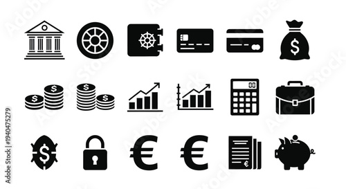 Financial icons including bank money credit card chart calculator and security symbols on white background for business and economy concepts