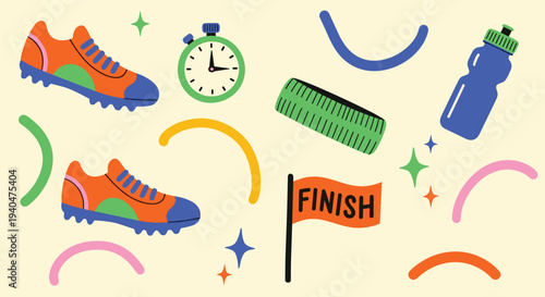 Vibrant Sports Equipment and Finish Line Flag Celebrating Athletic Achievement and Healthy Lifestyle Choices