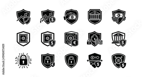 Collection of black and white security and finance icons featuring shields locks and currency symbols on a clean white background