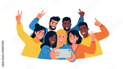 Group of friends taking a selfie with smiles and peace signs on white background