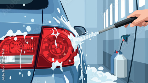 Car wash scene with pressure washer cleaning rear lights in modern garage