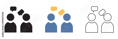 Two people Communication Chat Icons Set in Three Styles.  Two people with speech bubbles showing conversation, dialogue, and communication in solid, colored, and outline icon styles.