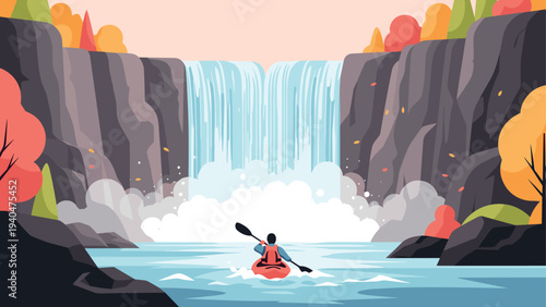 Scenic kayaking adventure in front of majestic waterfall in autumn landscape