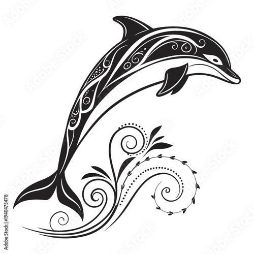 Stylized black and white dolphin illustration with floral elements