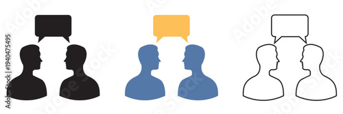 Two people Communication Chat Icons Set in Three Styles.  Two people with speech bubbles showing conversation, dialogue, and communication in solid, colored, and outline icon styles.
