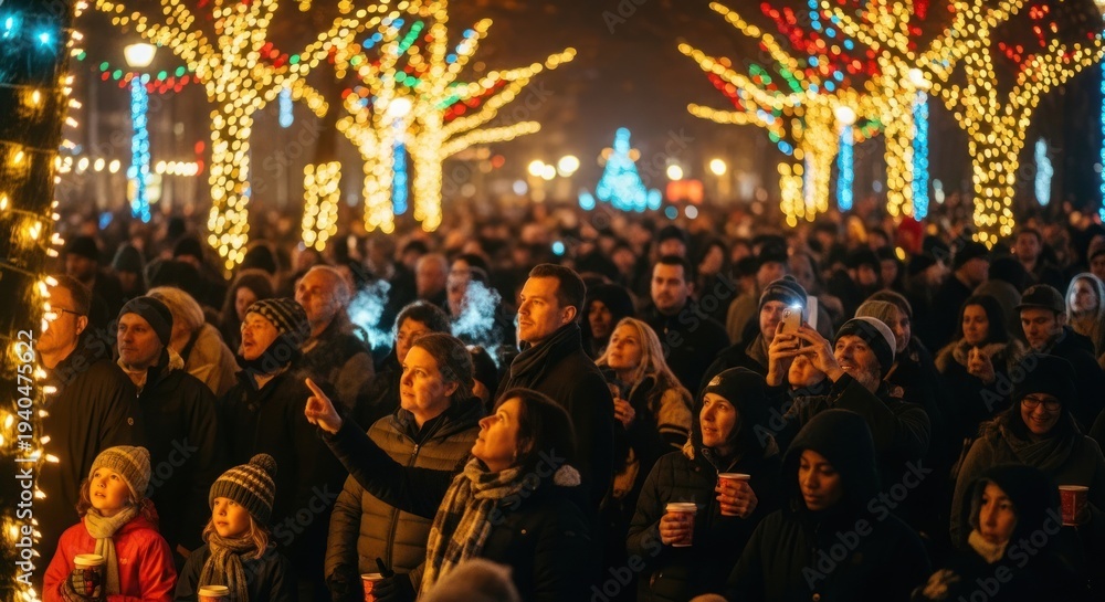 Obraz premium People watch festive Christmas lights in a crowded outdoor event at night.