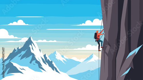 Solo mountain climber ascending snowy peak with blue skies background