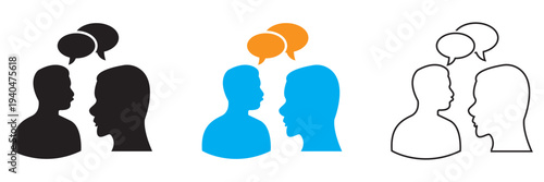 Two people Communication Chat Icons Set in Three Styles.  Two people with speech bubbles showing conversation, dialogue, and communication in solid, colored, and outline icon styles.